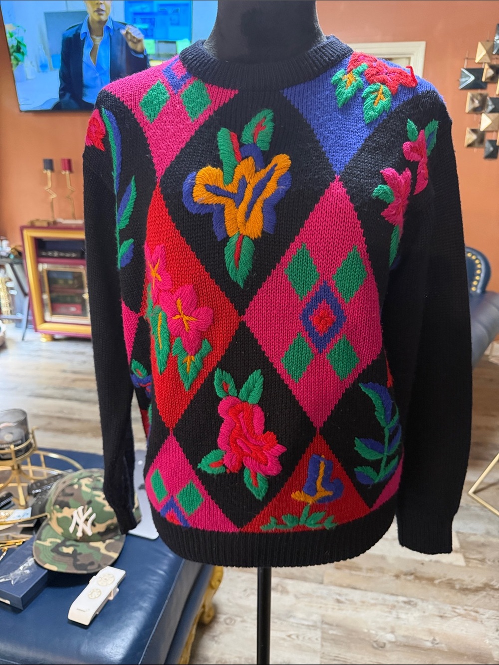 Vintage 80’s Alfred Dunner Black Floral Argyle Knit Sweater - Women